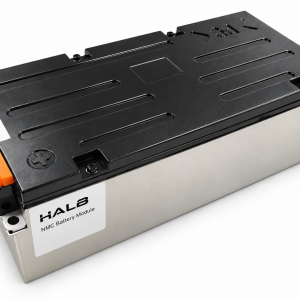 HALB NMC battery module with black top cover, aluminium enclosure and orange connector covers on a white background