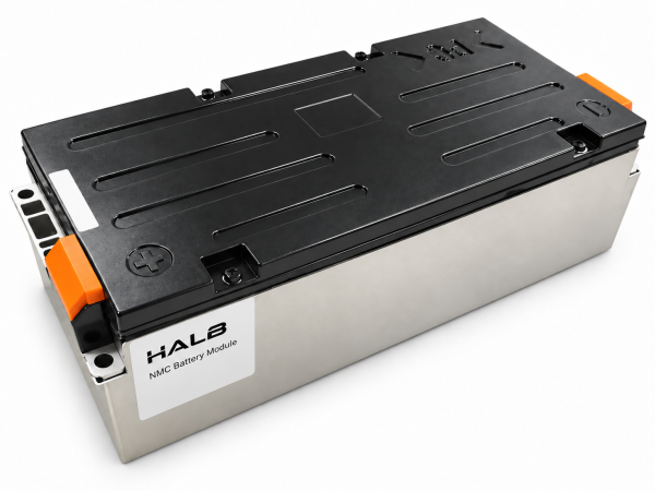 HALB NMC battery module with black top cover, aluminium enclosure and orange connector covers on a white background